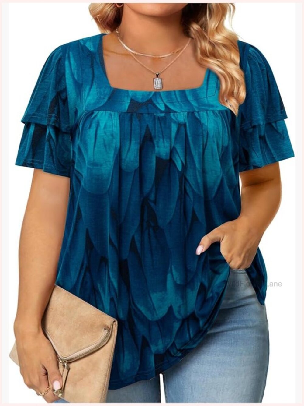 Plus Size Tunic Tops - Loose Fit 3/4 Ruffle Sleeve Blouses Square Neck T-Shirt